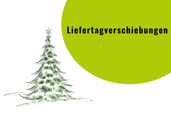 KI generiert: Das Bild zeigt einen gezeichneten Weihnachtsbaum und den Text "Liefertagverschiebungen" in einem grünen Kreis. Der Hauptinhalt ist vermutlich ein Hinweis auf geänderte Lieferzeiten rund um die Feiertage.