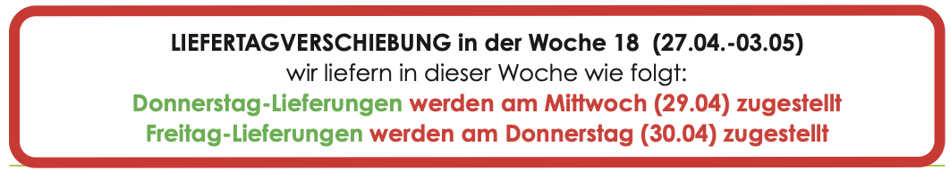KI generiert: Lieferankündigung: Verschiebung der Liefertermine in Woche 18. Donnerstag auf Mittwoch und Freitag auf Donnerstag.