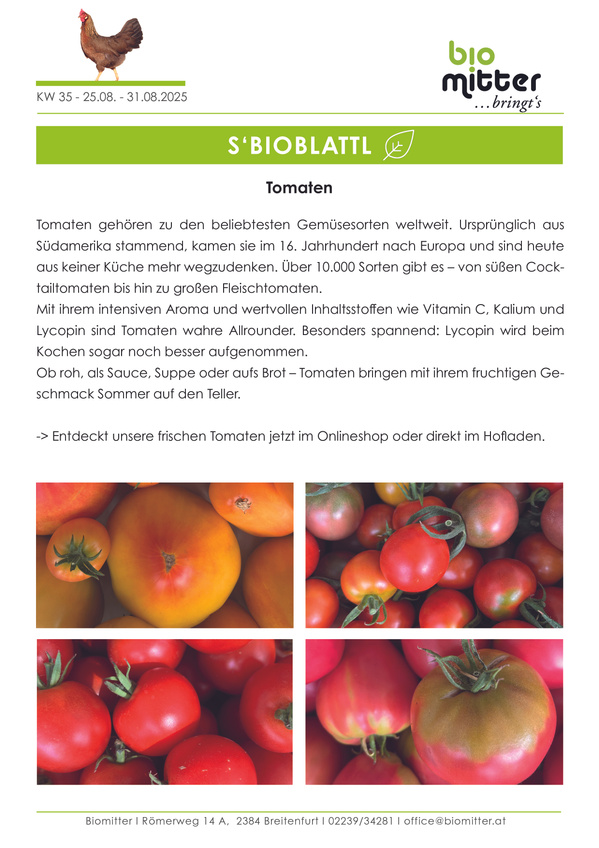 KI generiert: Beschreibung des Bildes: Verschiedene Tomatenarten mit Text über deren Vorteile und Herkunft.

Text: "Tomaten gehören zu den beliebtesten Gemüsesorten weltweit. Ursprünglich aus Südamerika stammend..."