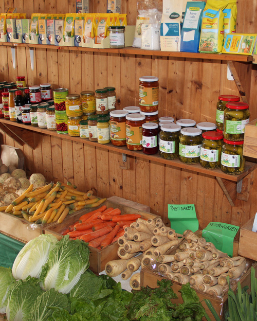 KI generiert: Regale mit Bioprodukten und frischem Gemüse; Text: „PASTINAKEN“.