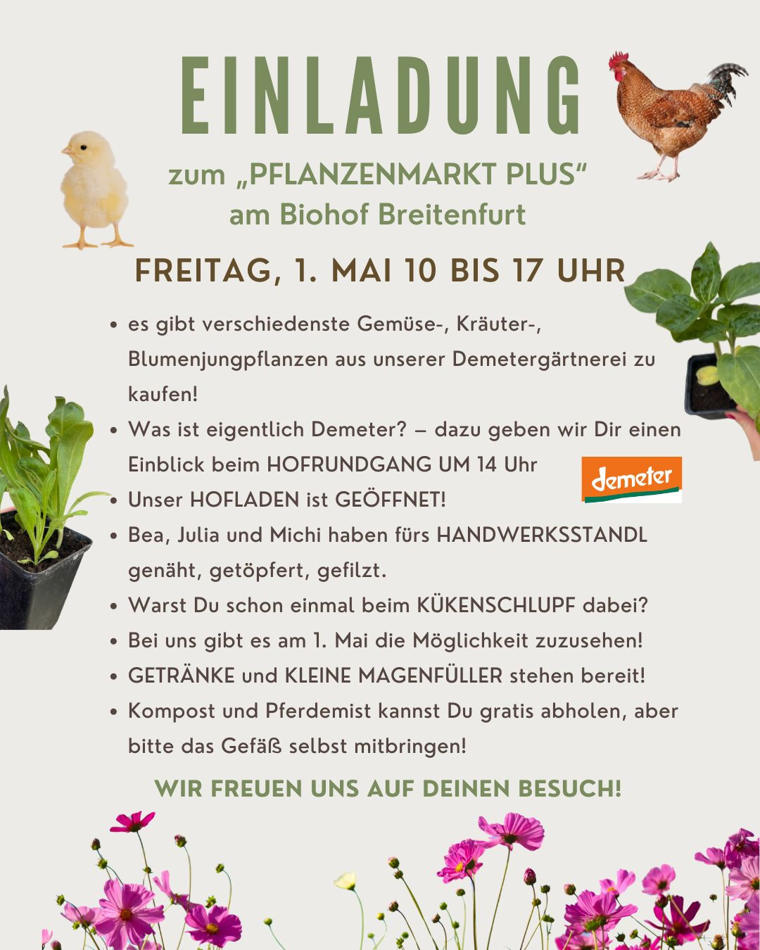 KI generiert: Einladung zum "Pflanzenmarkt Plus" am Biohof Breitenfurt am Freitag, 1. Mai, 10-17 Uhr.
