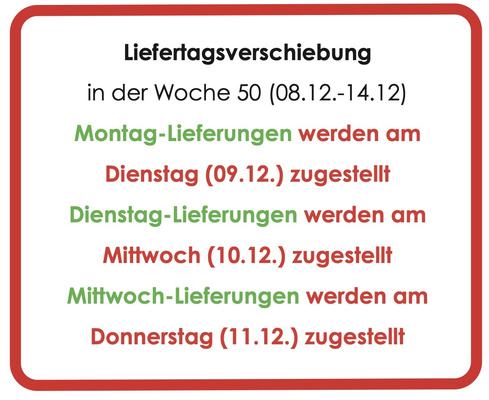 KI generiert: Lieferungsverschiebung in Woche 50: Montag auf Dienstag, Dienstag auf Mittwoch, Mittwoch auf Donnerstag.