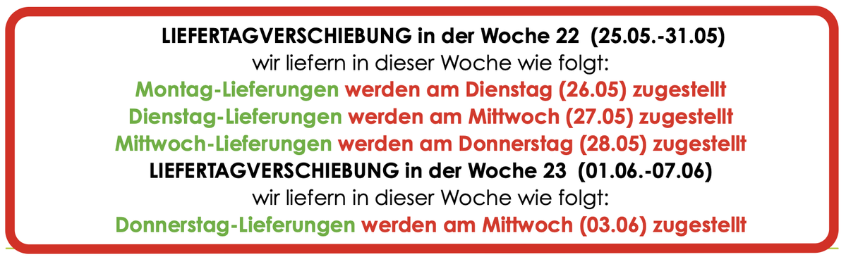 KI generiert: Liefertermine: KW 22 (25.05.-31.05) + KW 23 (01.06.-07.06); Verschiebungen auf 26.05., 27.05., 28.05. und 03.06.