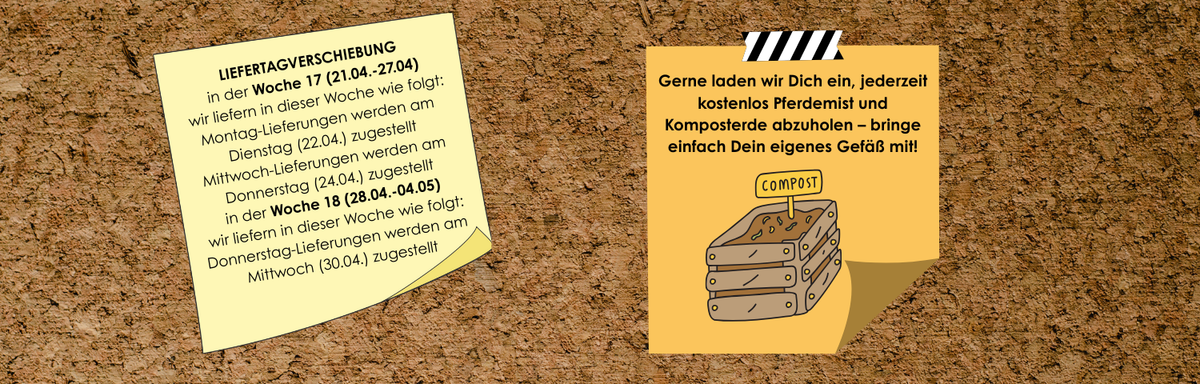 KI generiert: Zwei Notizen auf einer Pinnwand: Lieferterminverschiebung und Angebot für kostenlosen Pferdemist/Komposterde.
