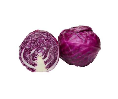 KI generiert: Zwei Rotkohlköpfe: einer ganz, einer halbiert.