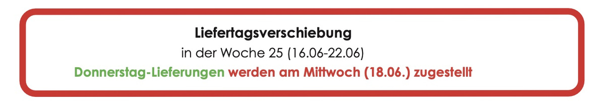 KI generiert: Lieferverzögerung für Woche 25: Donnerstag-Lieferungen kommen am Mittwoch, den 18.06.